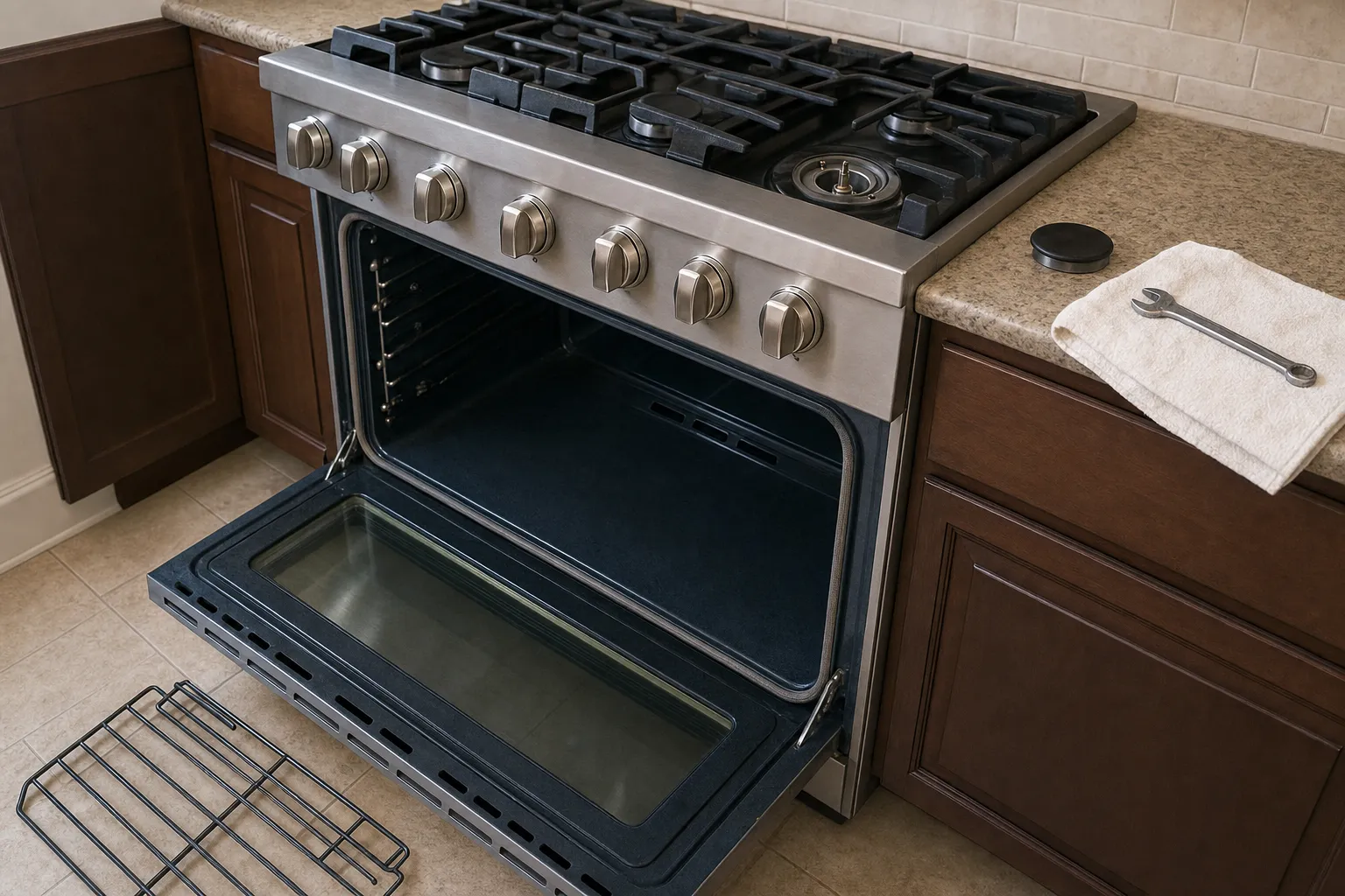 Stainless gas range with the oven door open on an empty cavity and one burner cap lifted off onto the counter