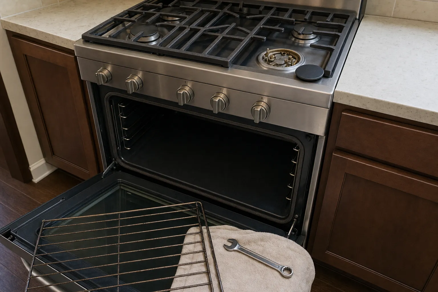 Stainless gas range mid-service, oven door down with a rack and a wrench resting on it, one burner opened up
